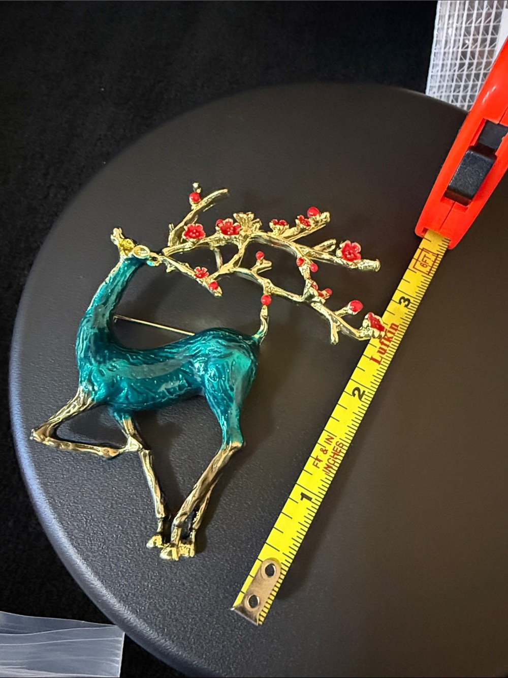 Teal and Gold Deer Brooch with Red Blossom Accents